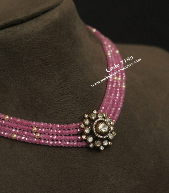 Mozonite stone pendant with pink real cz beads and sarvoski pearls