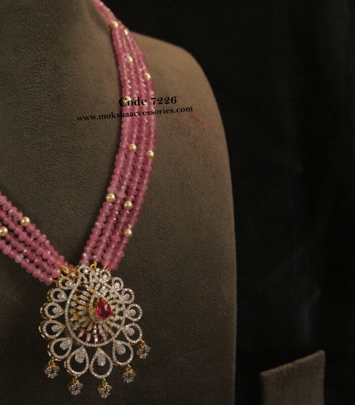 AD diamond look alike pendant with pink and sarvoski pearl mala