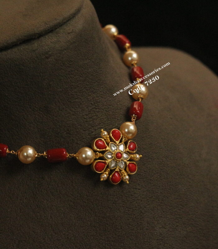 Jadaukundan Coral pendant choker with sarvoski pearl