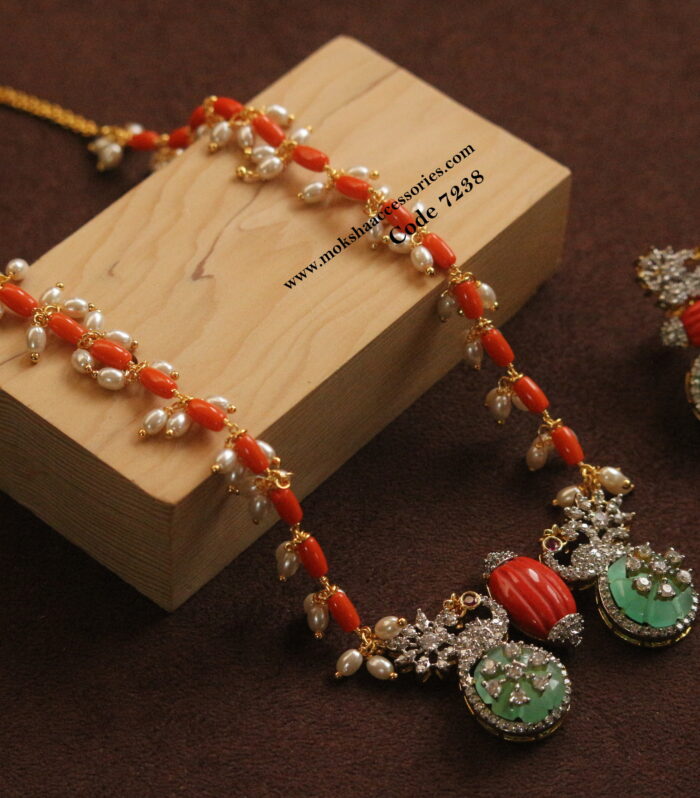CZ coral pendant set with coral and pearl chain mala
