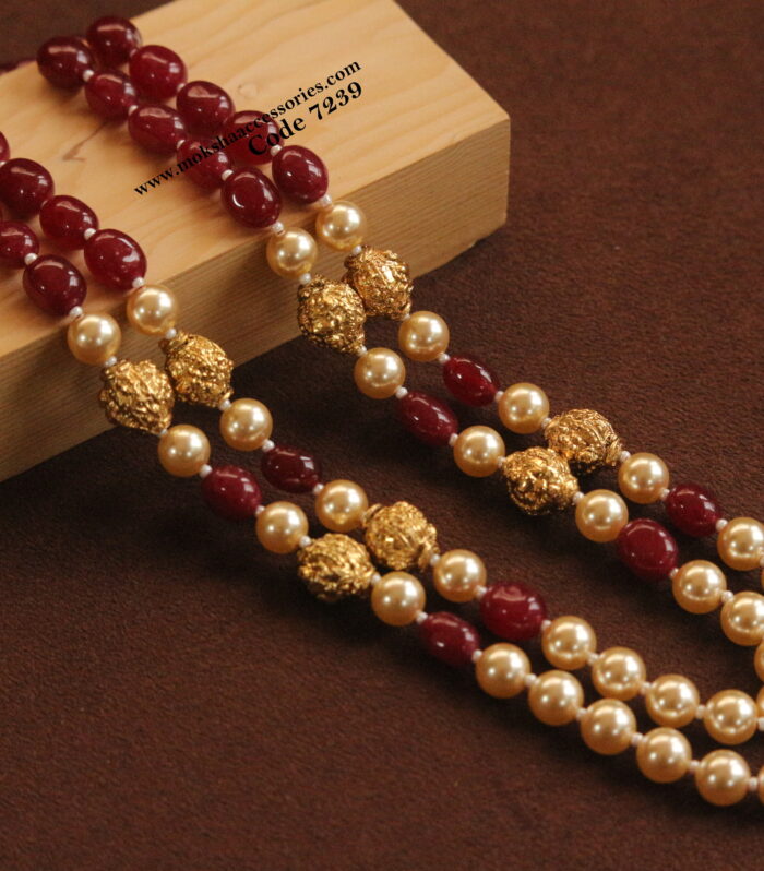 Ruby, pearl and gold balls mala