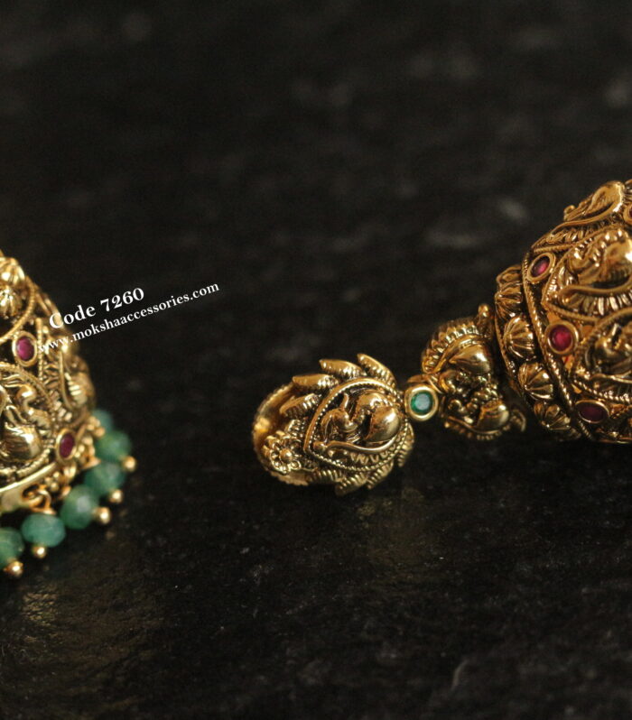 Antique gold jhumki with emerald beads