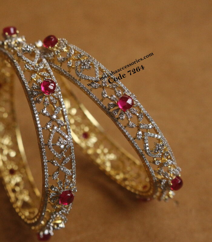 CZ gold diamond replica bangles with pota ruby (Sizes available - 2.4- 5 , 2.6-5 , 2.8-5)