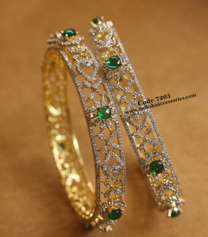 CZ gold diamond replica bangles with emerald stone (Sizes available - 2.6-5 , 2.8-5)