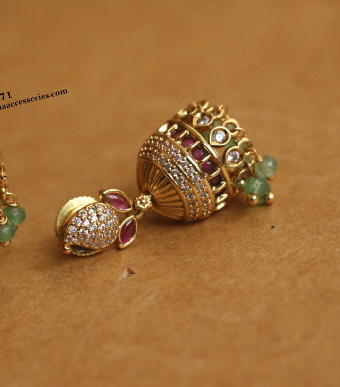Ruby cz jhumki with emerald drops