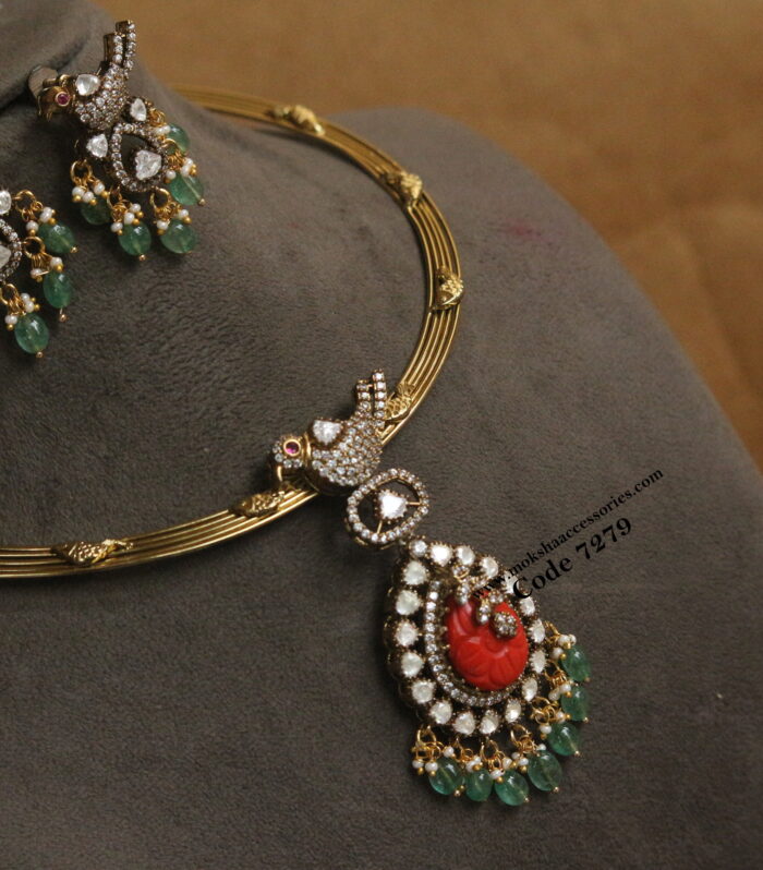 Antique finish hasli with coral parrot pendant set