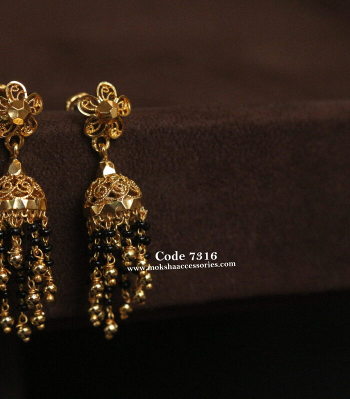 Gold jhumki with black beads chain