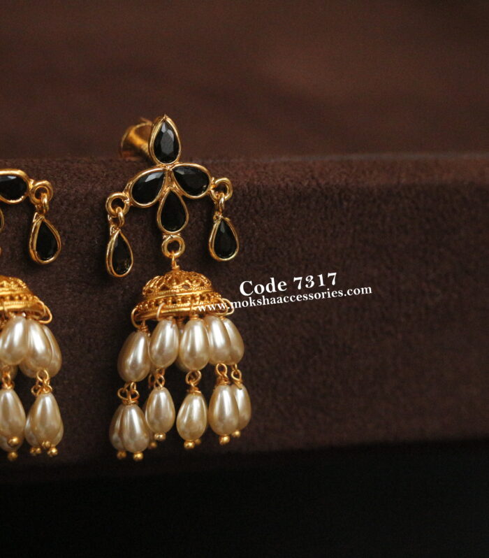 CZ black studs with real sarvoski pearl jhumki
