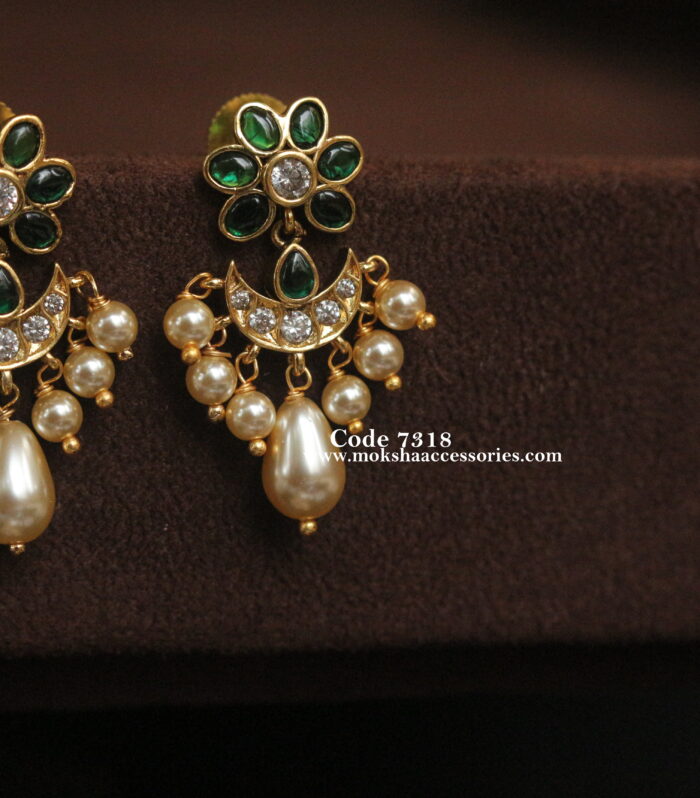Emerald stone earrings with sarvoski pearl drops