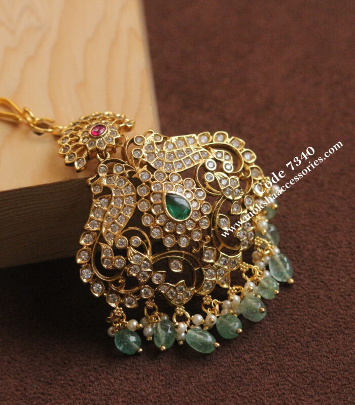 CZ stone maang tika with emerald drops