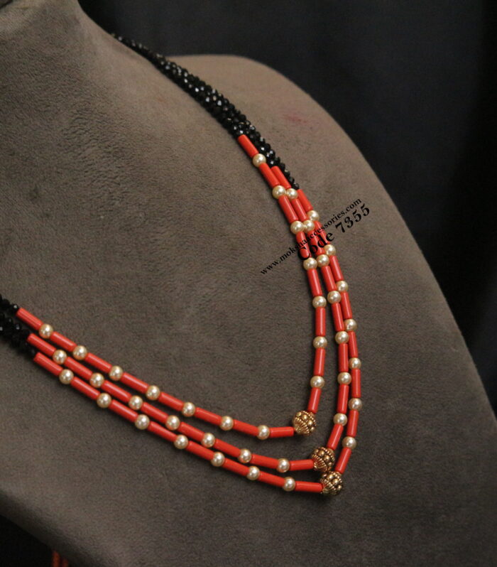 Coral beads mala with antique gold balls and black beads