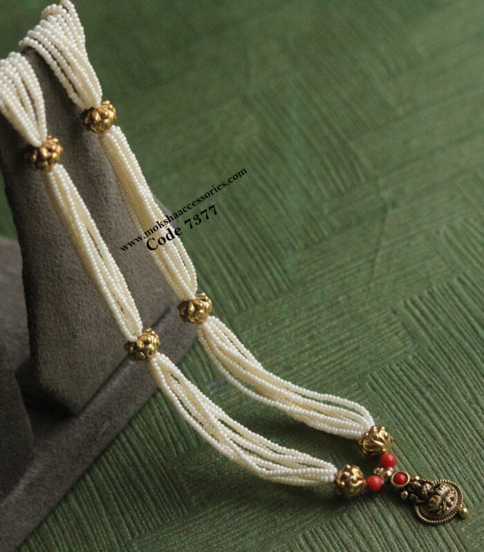 Kasu pendant with pearl chain and antique gold balls