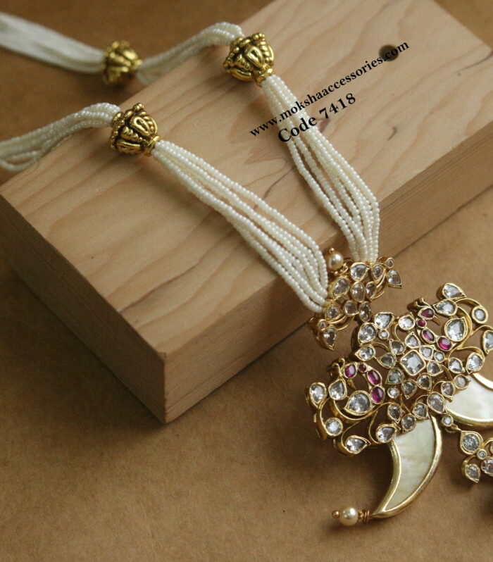 CZ pendant with pearl chain and antique gold balls
