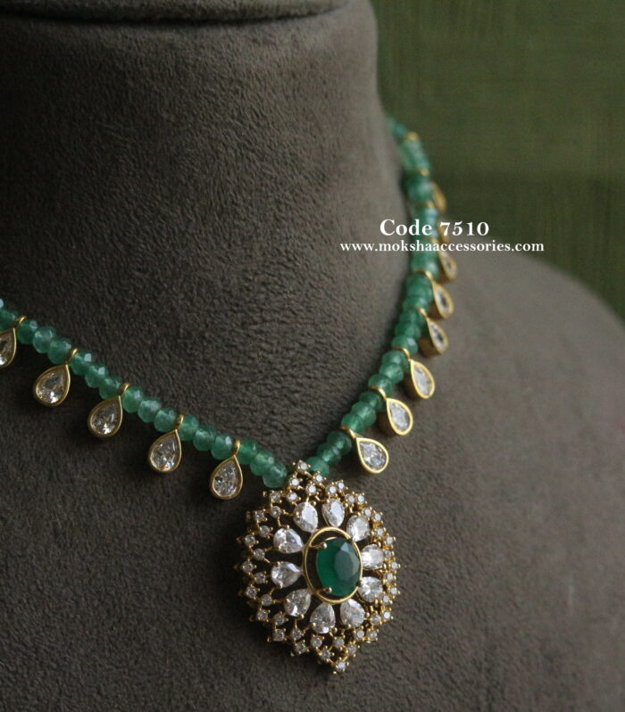 Diamond alike emerald stone pendant with emerald beads and cz drops