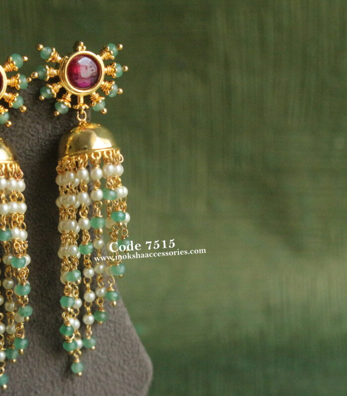 Ruby stone jhumki with pearl chain and emerald drops