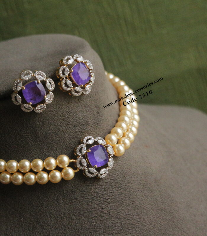 CZ purple stone pendant set with sarvoski pearl choker