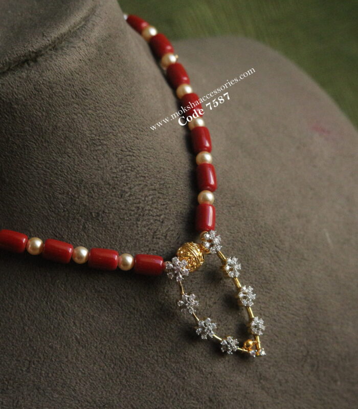 CZ pendant with coral and sarvoski pearl