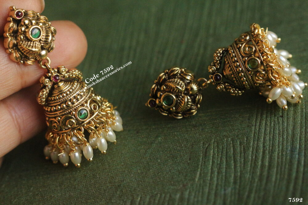 Antique gold jhumki with rice pearl drops
