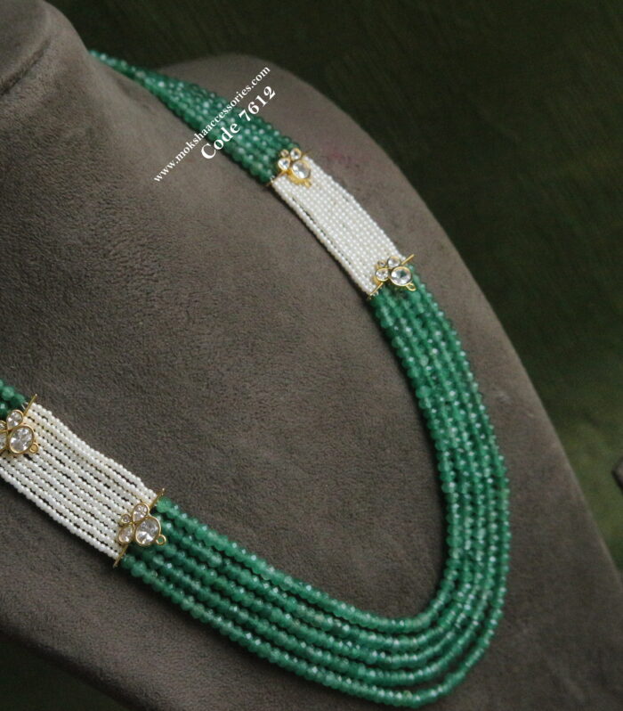 CZ pendants with emerald beads and pearl mala