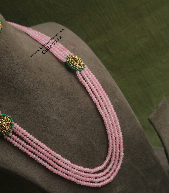 Krishna side pendants with studs and pink beads mala