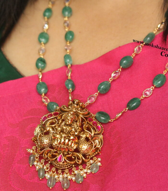 Lakshmi devi jadaukundan pendant with emerald and uncuts mala
