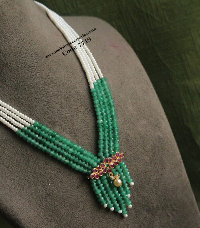 Ruby pendant with emerald and pearl mala