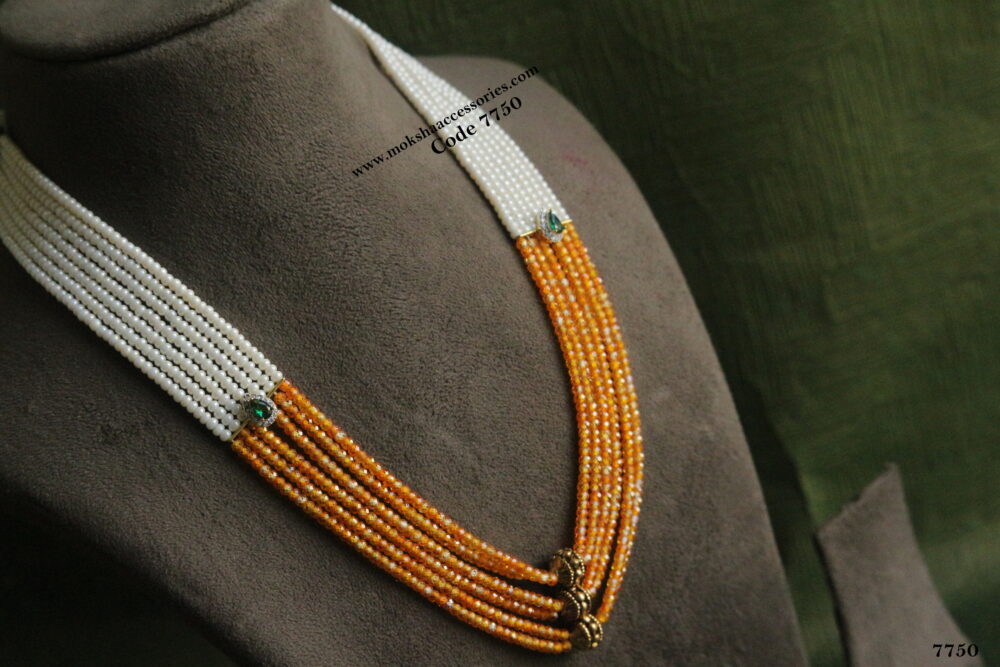 Real cz orange beads with cz emerald pendants and antique gold balls mala