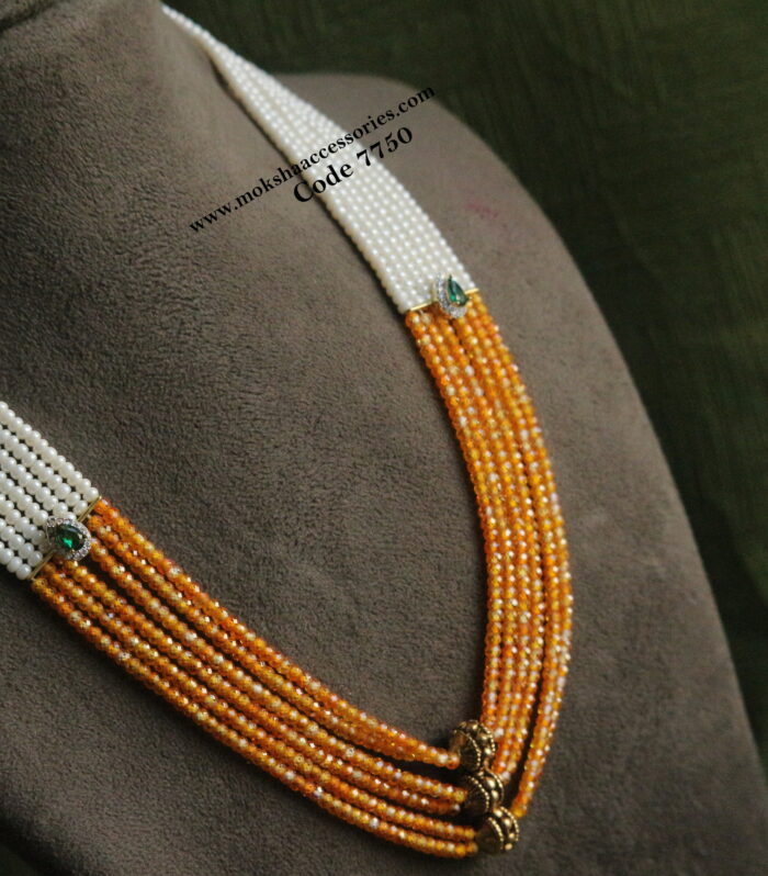Real cz orange beads with cz emerald pendants and antique gold balls mala