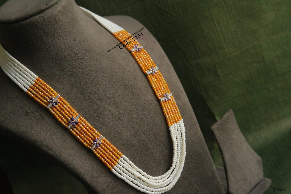 Purple cz stone pendants with real cz orange beads and pearl mala