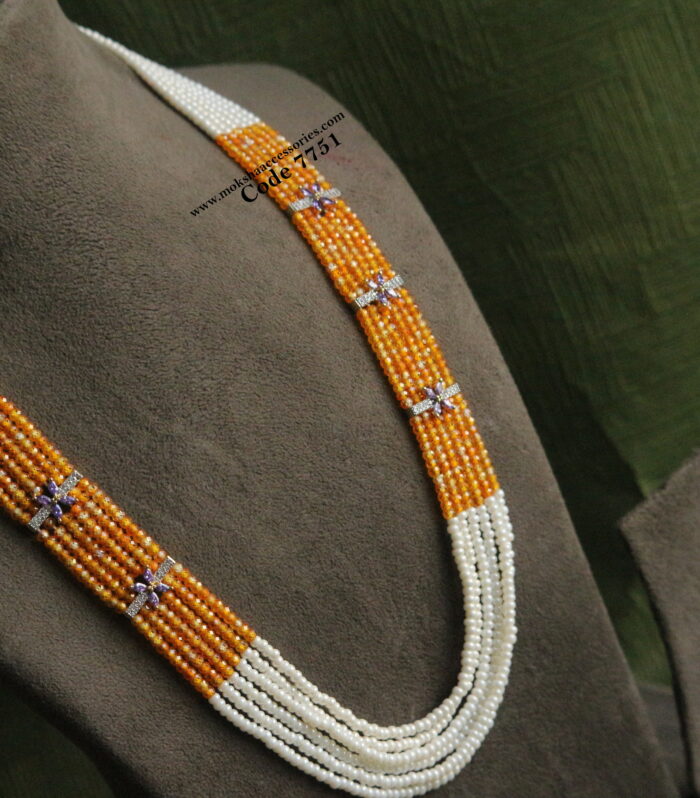 Purple cz stone pendants with real cz orange beads and pearl mala