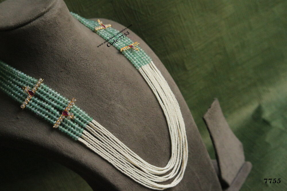 Emerald and pearl mala with ruby cz pendants