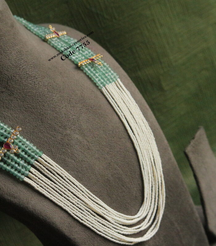 Emerald and pearl mala with ruby cz pendants