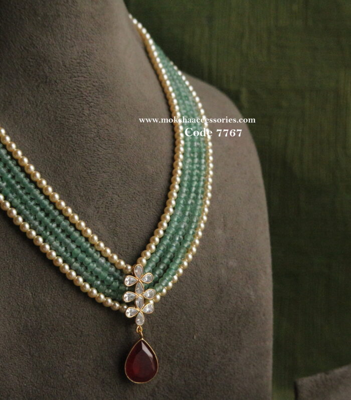 CZ pendant with sarvoski pearl and emerald beads