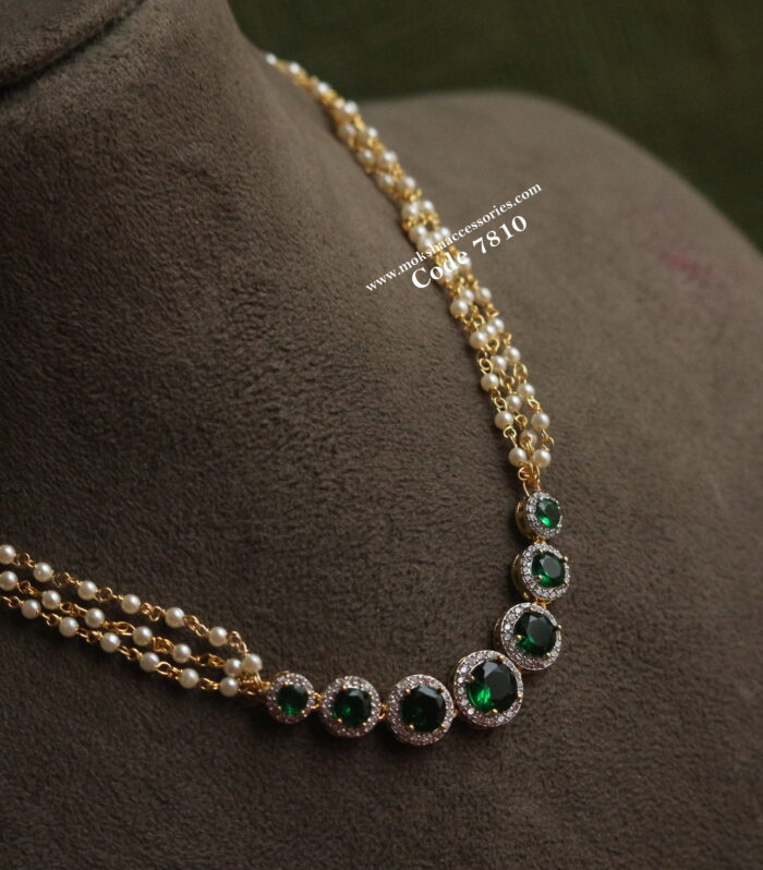 CZ emerald stone pendant with pearl chain