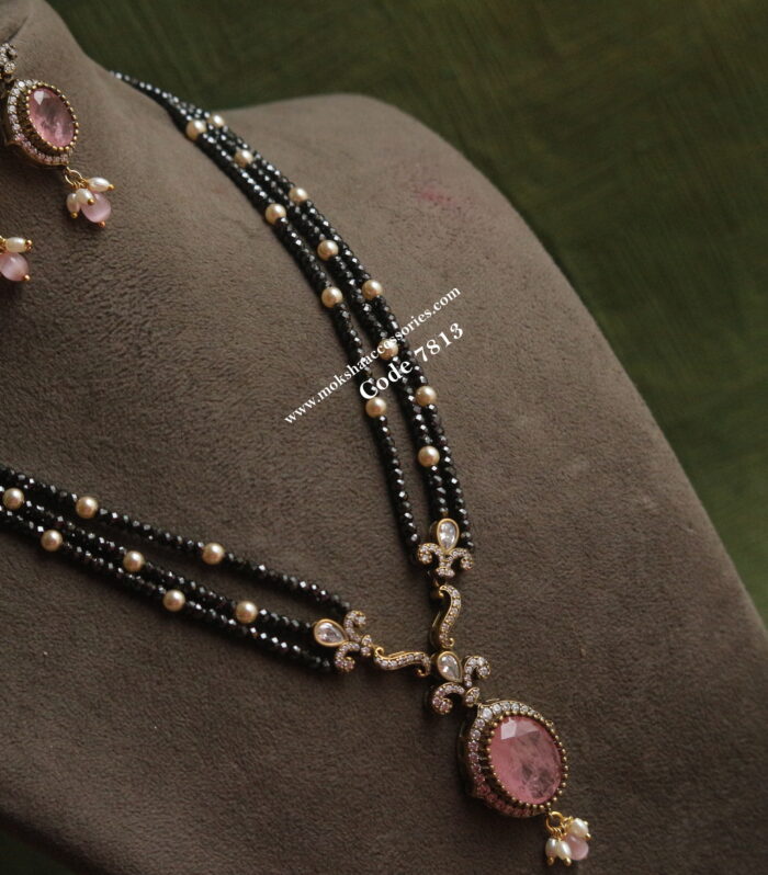 CZ pink natural stone pendant set with real cz black beads and sarvoski pearl mala