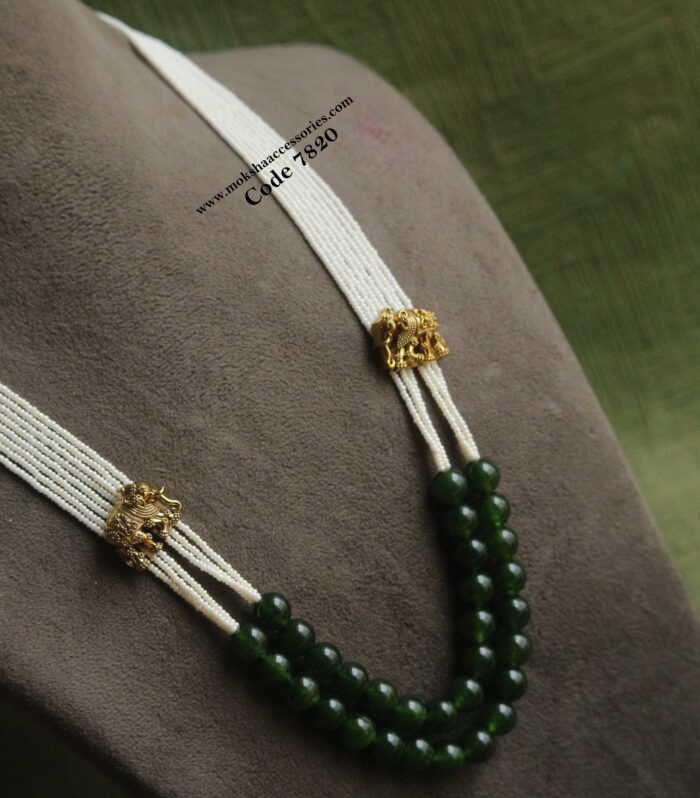Green onyx beads with pearl and elephant pendants mala