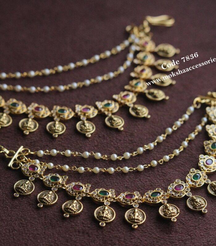 Kasu antique gold ear chains with pearl chain