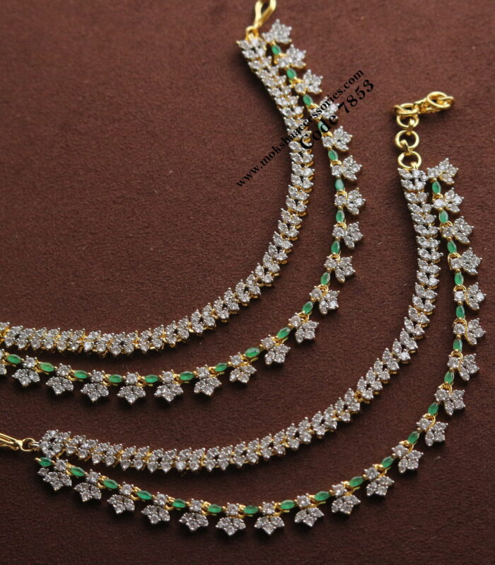 CZ diamond alike ear chains with emerald stone