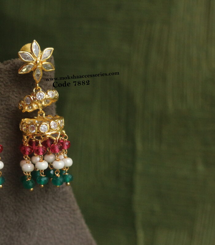 CZ step jhumki with real ruby and emerald drops