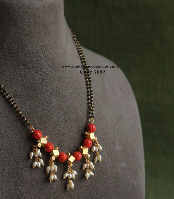 Black bead with real coral pumpkin beads and rice pearl