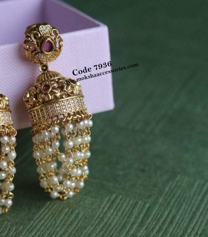 Antique gold jhumki with pearl chain