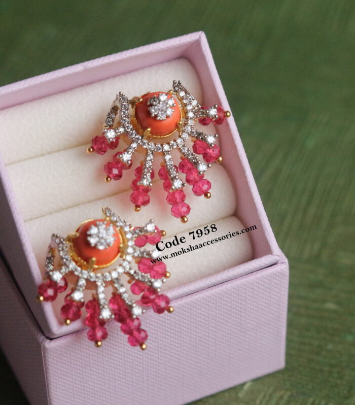 Coral cz studs with ruby beads