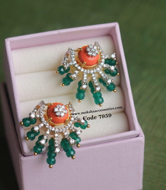 Coral cz studs with emerald beads