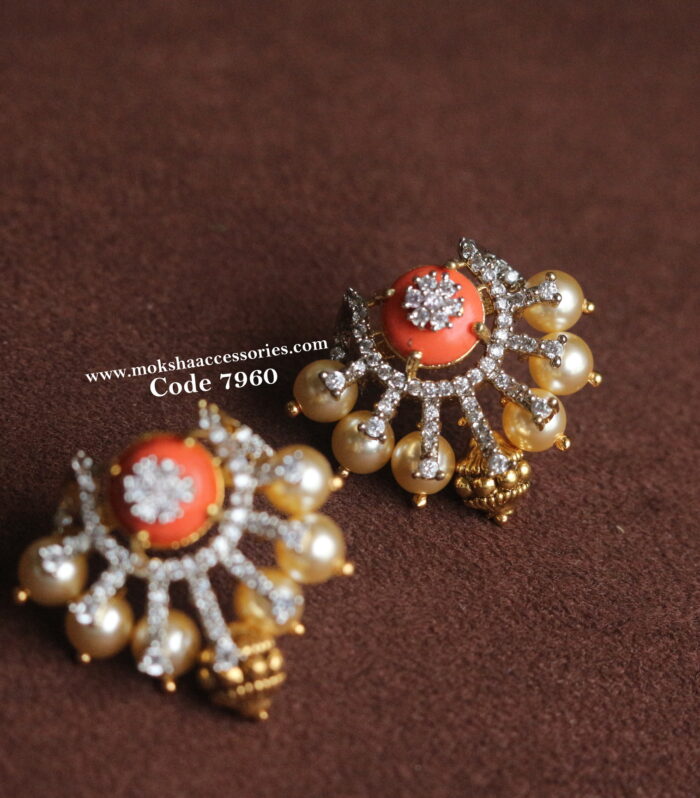 Coral cz studs with sarvoski and antique gold balls