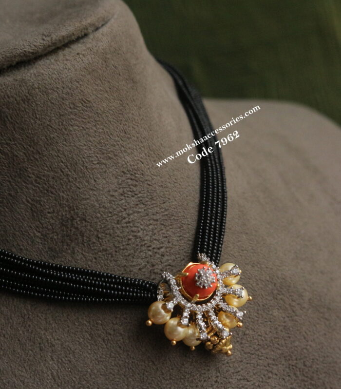 Coral cz pendant with black beads