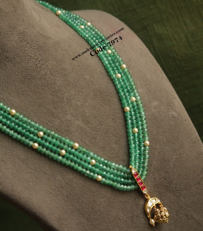 Emerald beads and sarvoski pearl mala with jadaukundan pendant