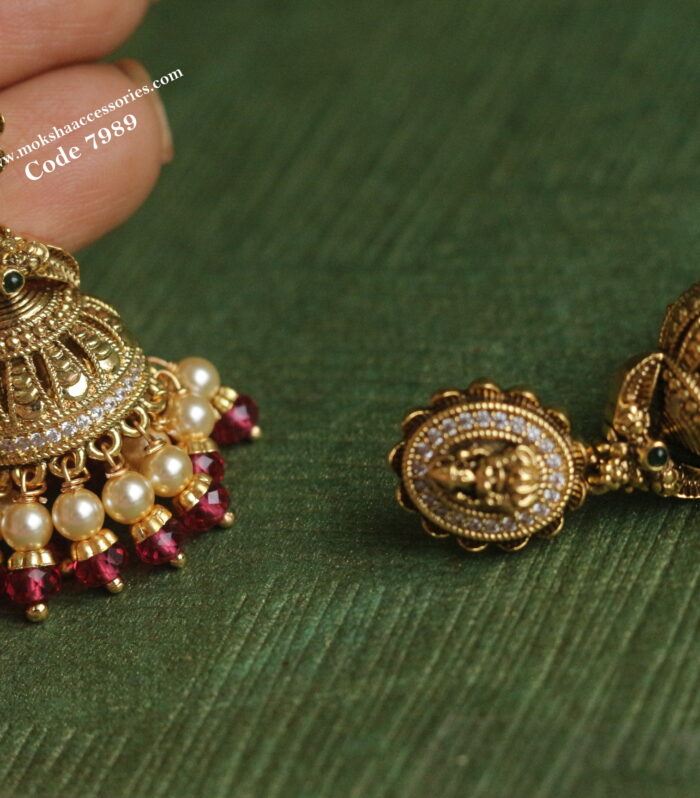 Lakshmi devi antique gold jhumki with sarvoski pearl and ruby beads