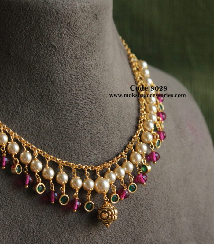 Sarvoski pearl mala with cz green drops and ruby beads