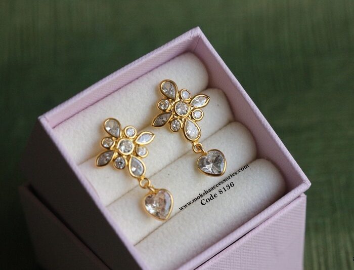 CZ earrings with white heart shape drops