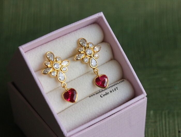 CZ earrings with pink heart shape drops